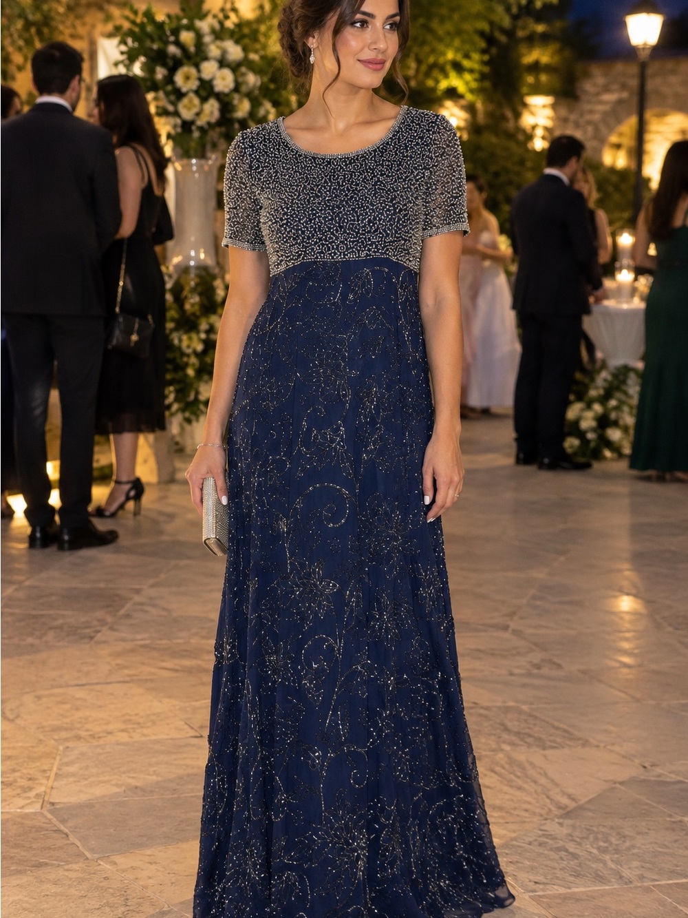 Vintage Navy Blue Beaded Formal Evening Dress Floral Embroidered Maxi Gown
